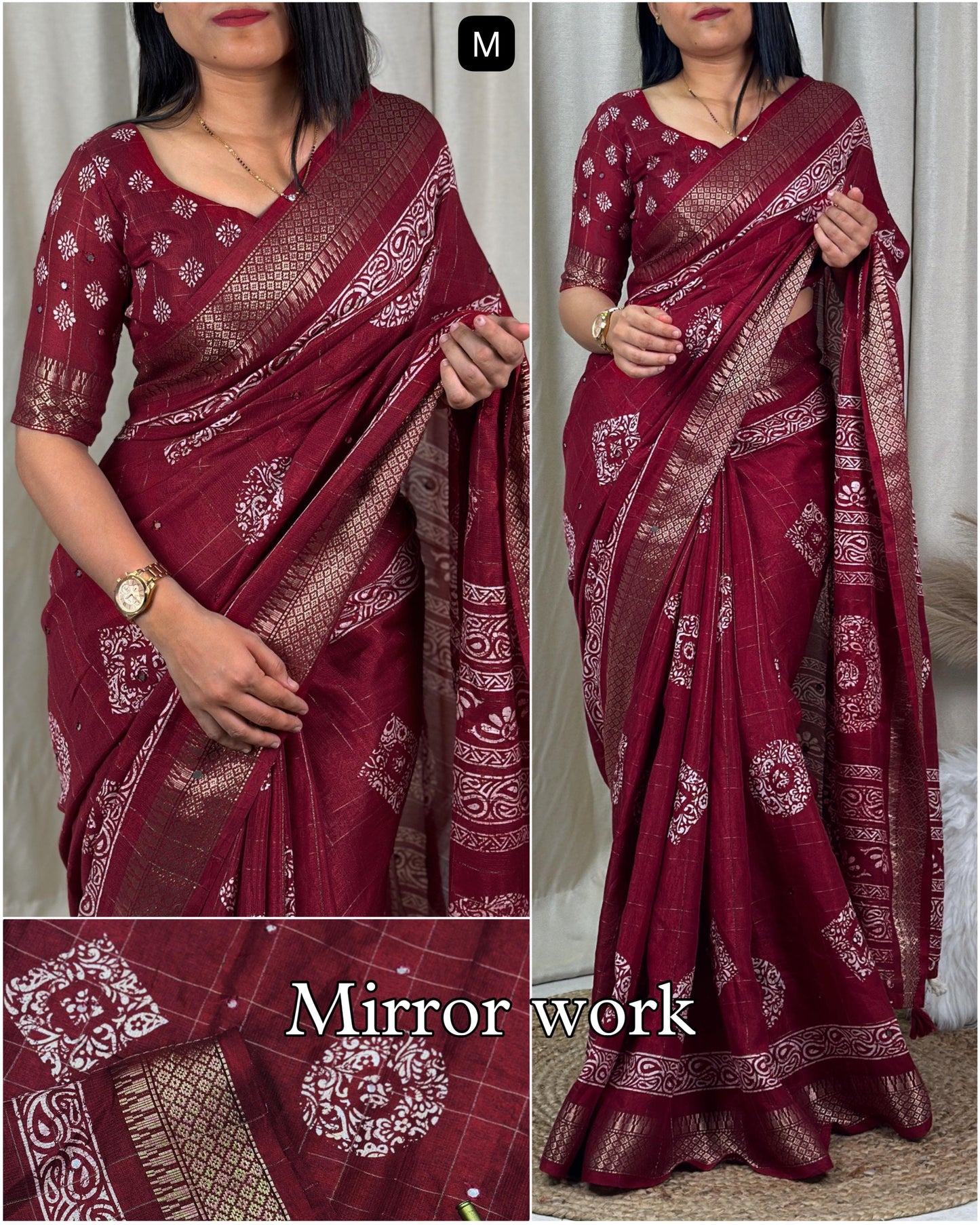 Women's Beautiful Kalamakari Printed Paper Mirror Work Muslin Cotton Saree With Blouse