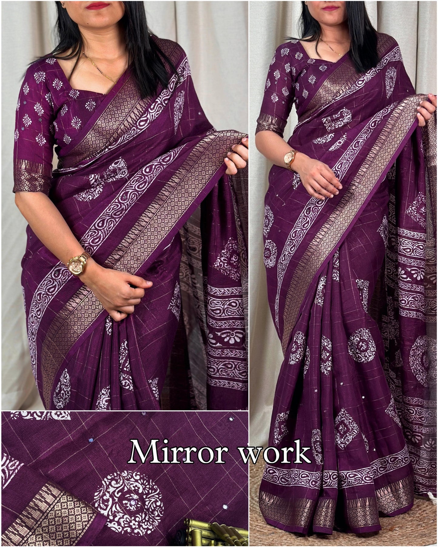 Women's Beautiful Kalamakari Printed Paper Mirror Work Muslin Cotton Saree With Blouse