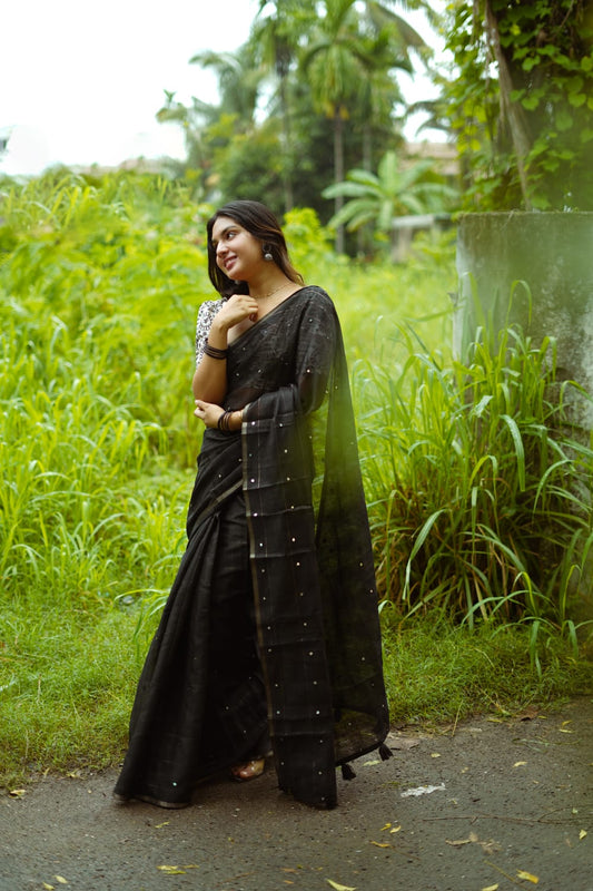 Elegant Aari Mirror Work Black Colour Linen Worli Saree with Blouse |Comes With Free Gift German oxidised earrings