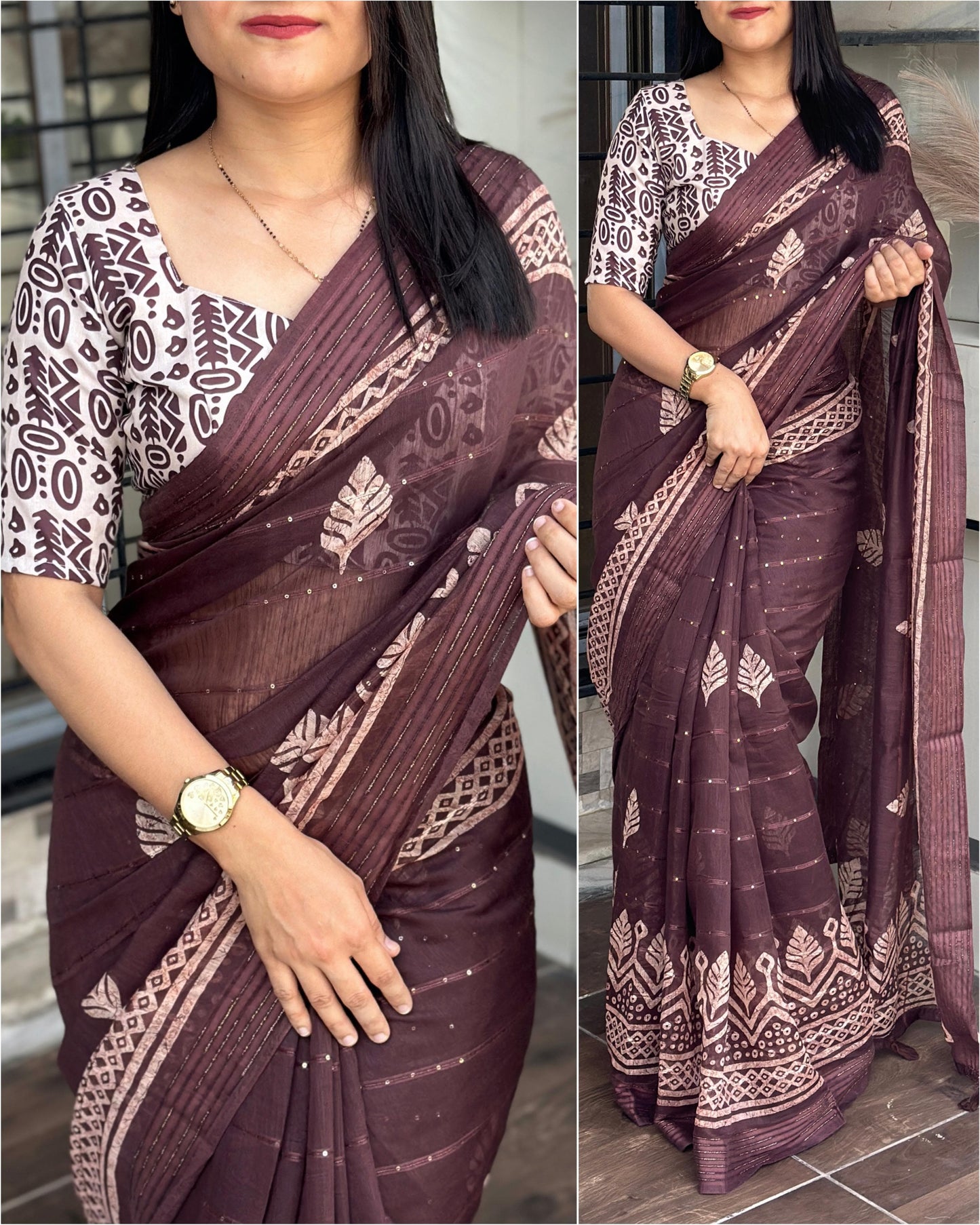 Batik Print and Zari Border Modal Cotton Saree with Blouse