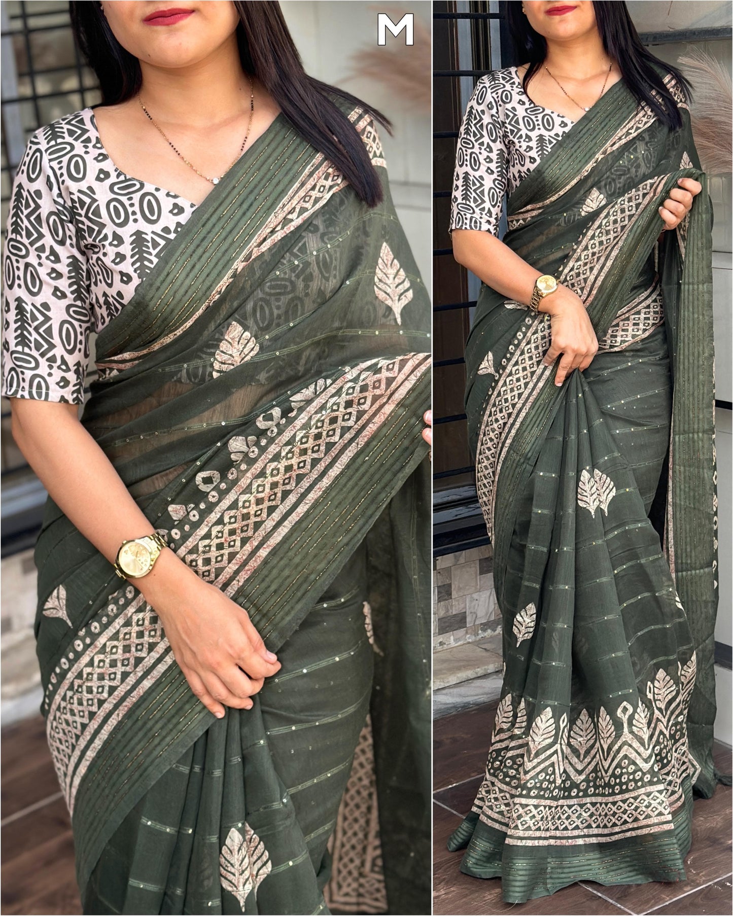 Batik Print and Zari Border Modal Cotton Saree with Blouse