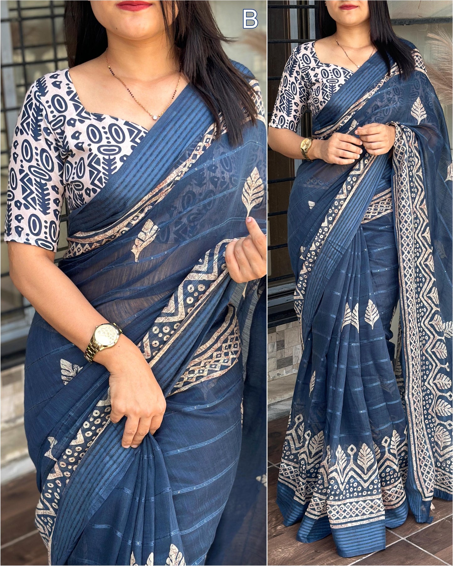 Batik Print and Zari Border Modal Cotton Saree with Blouse