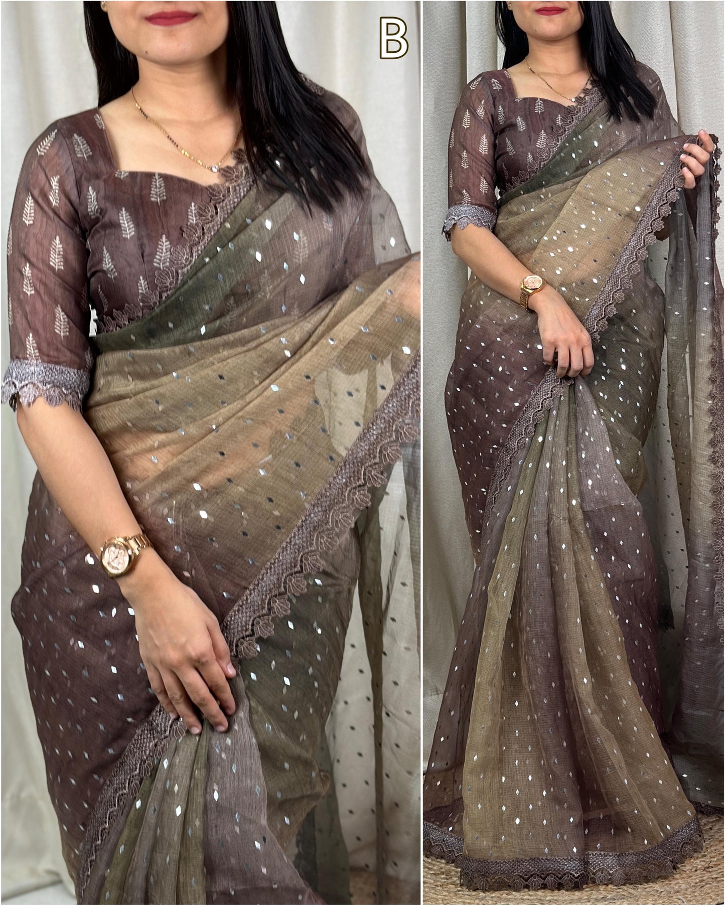 Women's Glitter Sequins Work GPO Lace Printed Leno Cotton Saree With Blouse