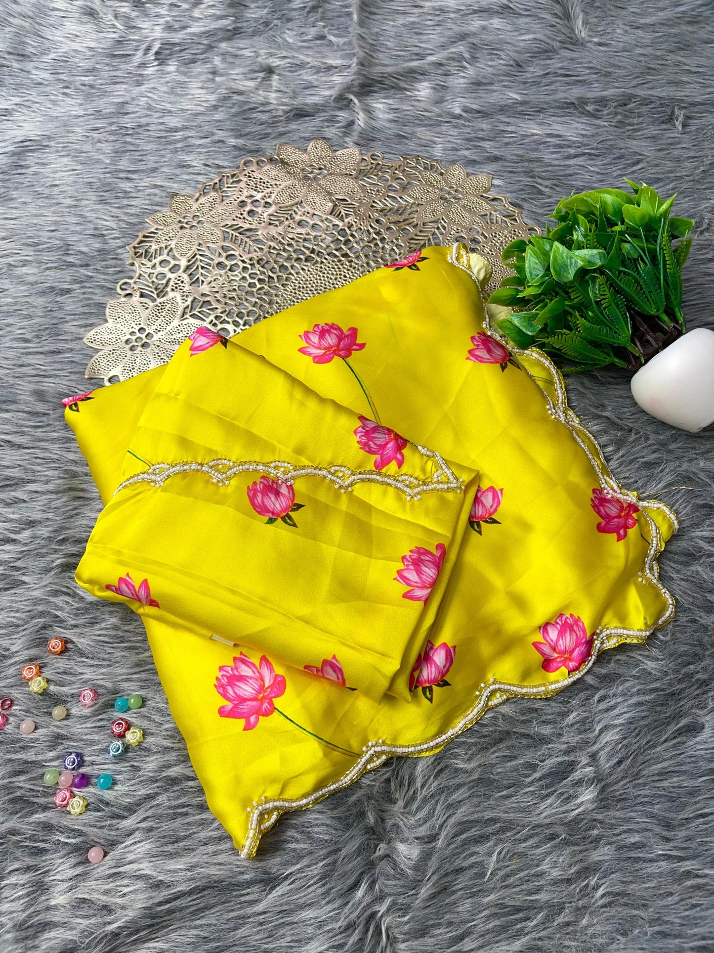 Floral Prints and Pearl Border Pure Soft Japan Satin Silk  Saree with Handwork Blouse