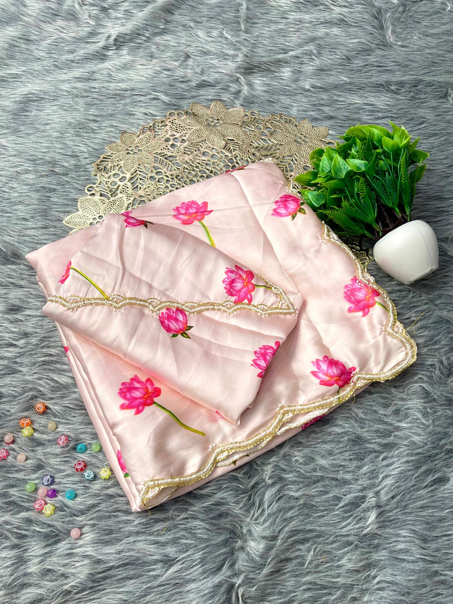 Floral Prints and Pearl Border Pure Soft Japan Satin Silk  Saree with Handwork Blouse