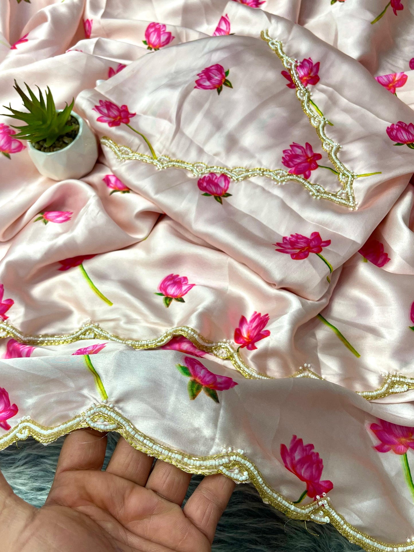 Floral Prints and Pearl Border Pure Soft Japan Satin Silk  Saree with Handwork Blouse