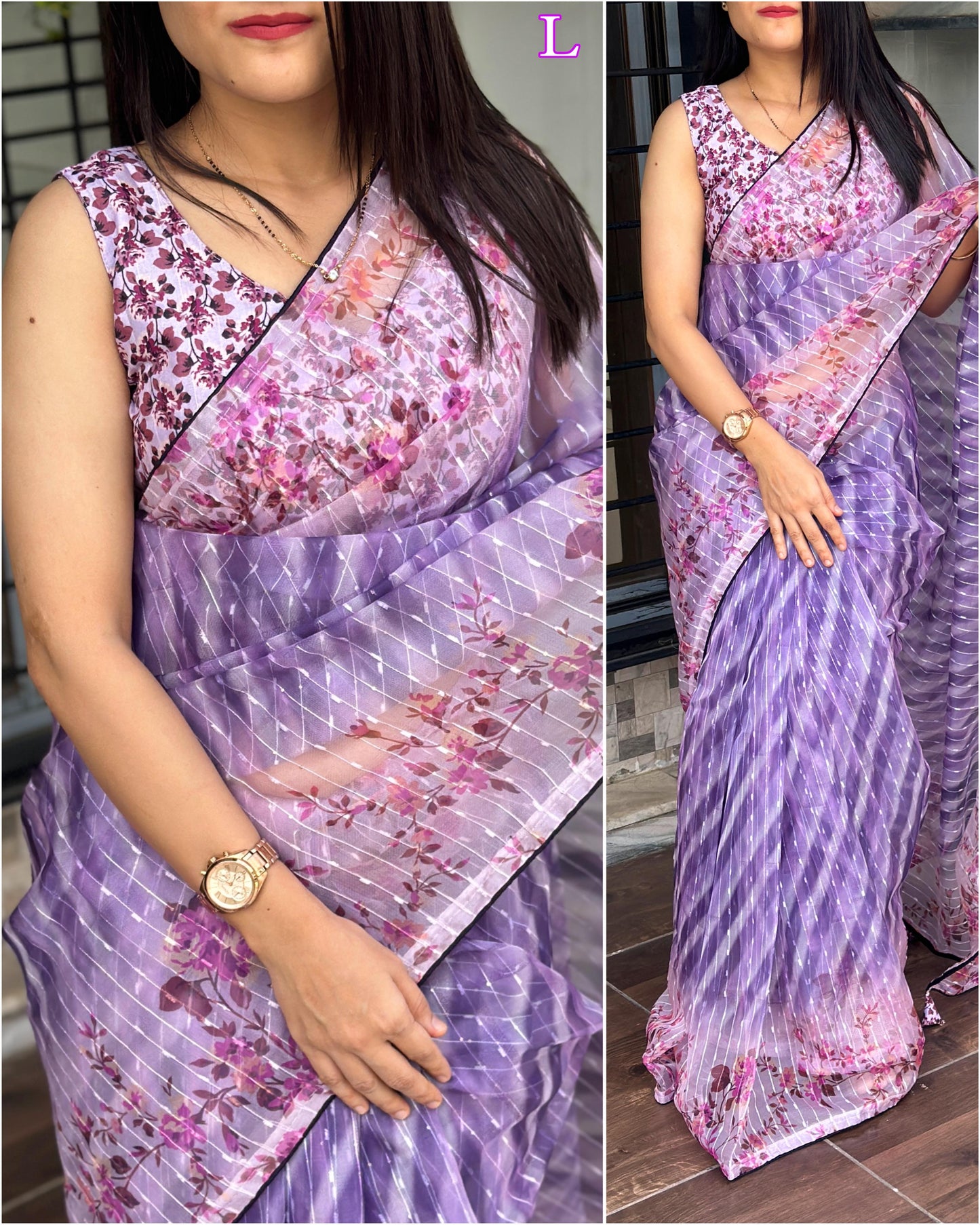 Sequin & Furr Pattern Soft Organza Digital Printed Saree with Blouse