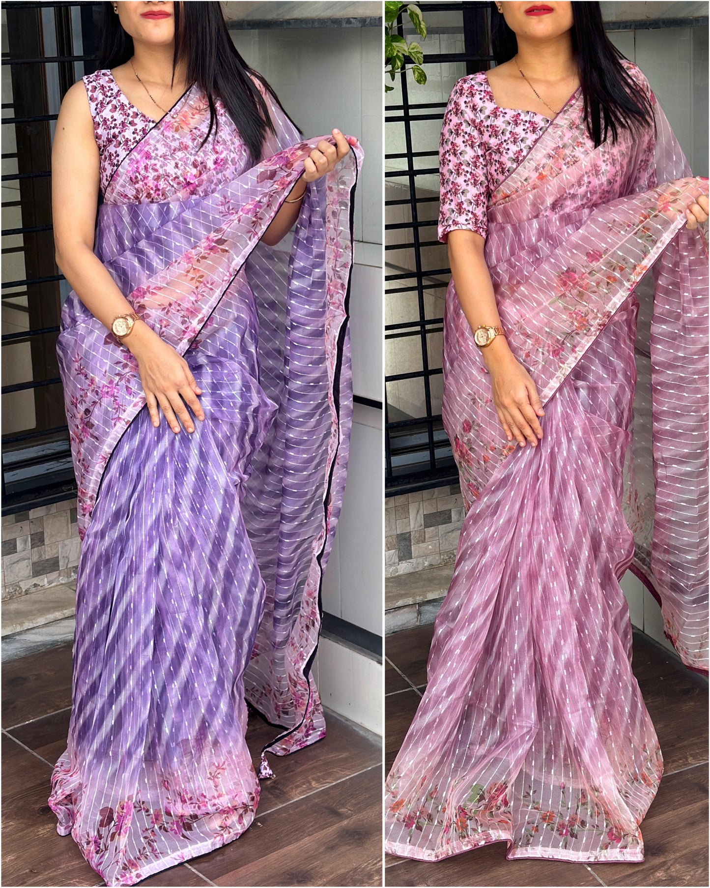 Sequin & Furr Pattern Soft Organza Digital Printed Saree with Blouse