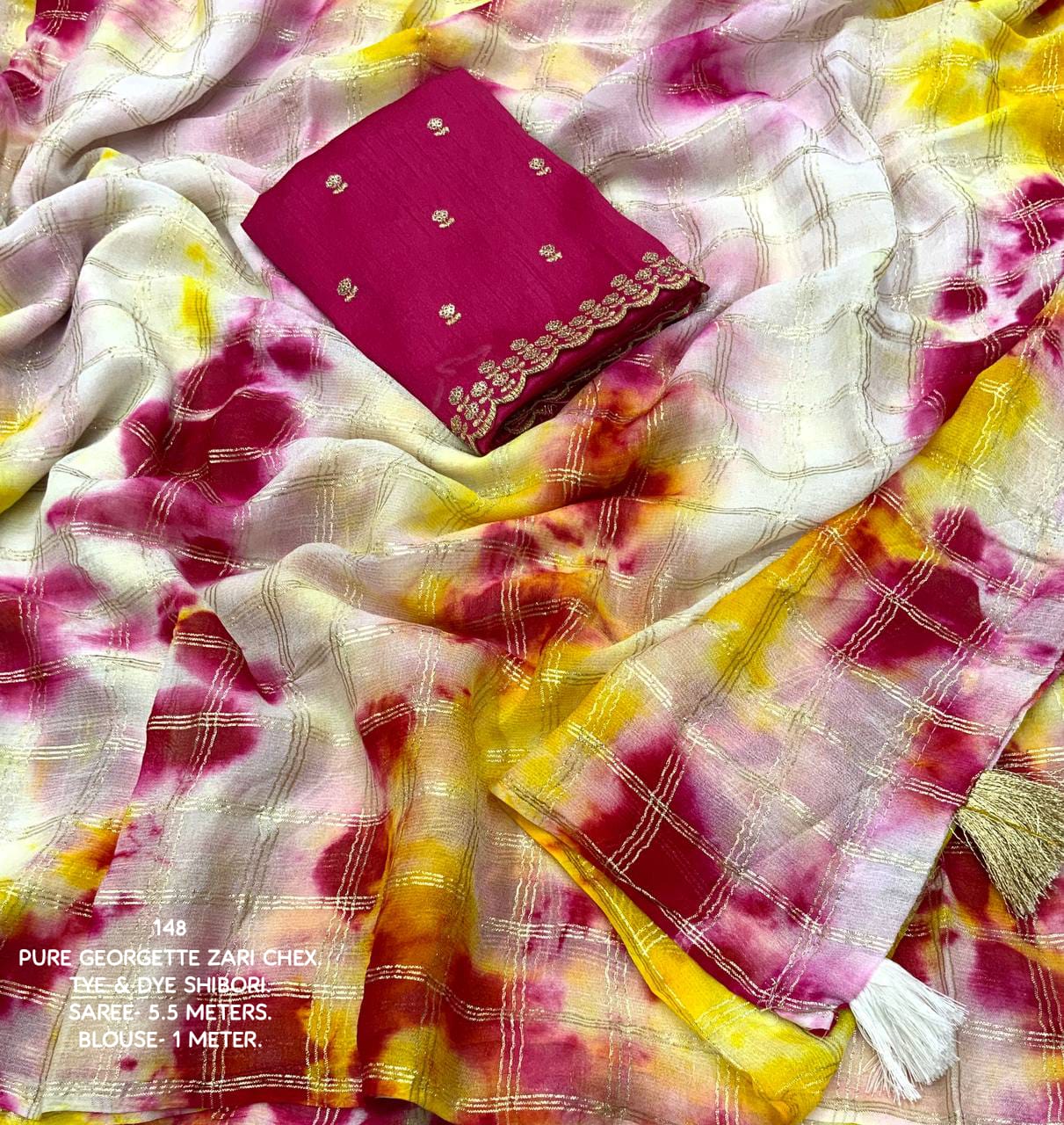 New Shibori Georgette Zari Chex Colorful Saree with Contrast Pink Phantom Silk Blouse