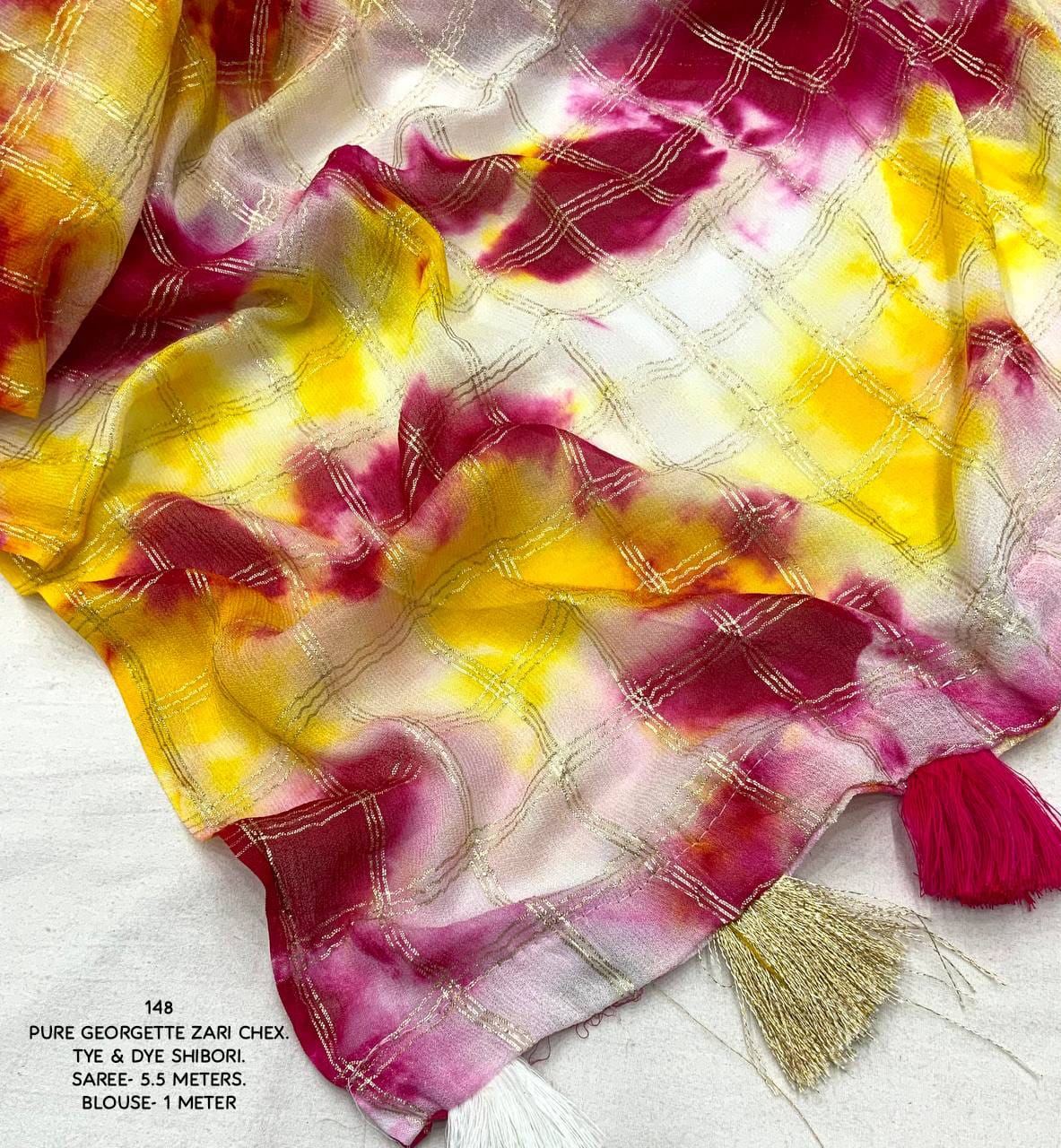 New Shibori Georgette Zari Chex Colorful Saree with Contrast Pink Phantom Silk Blouse