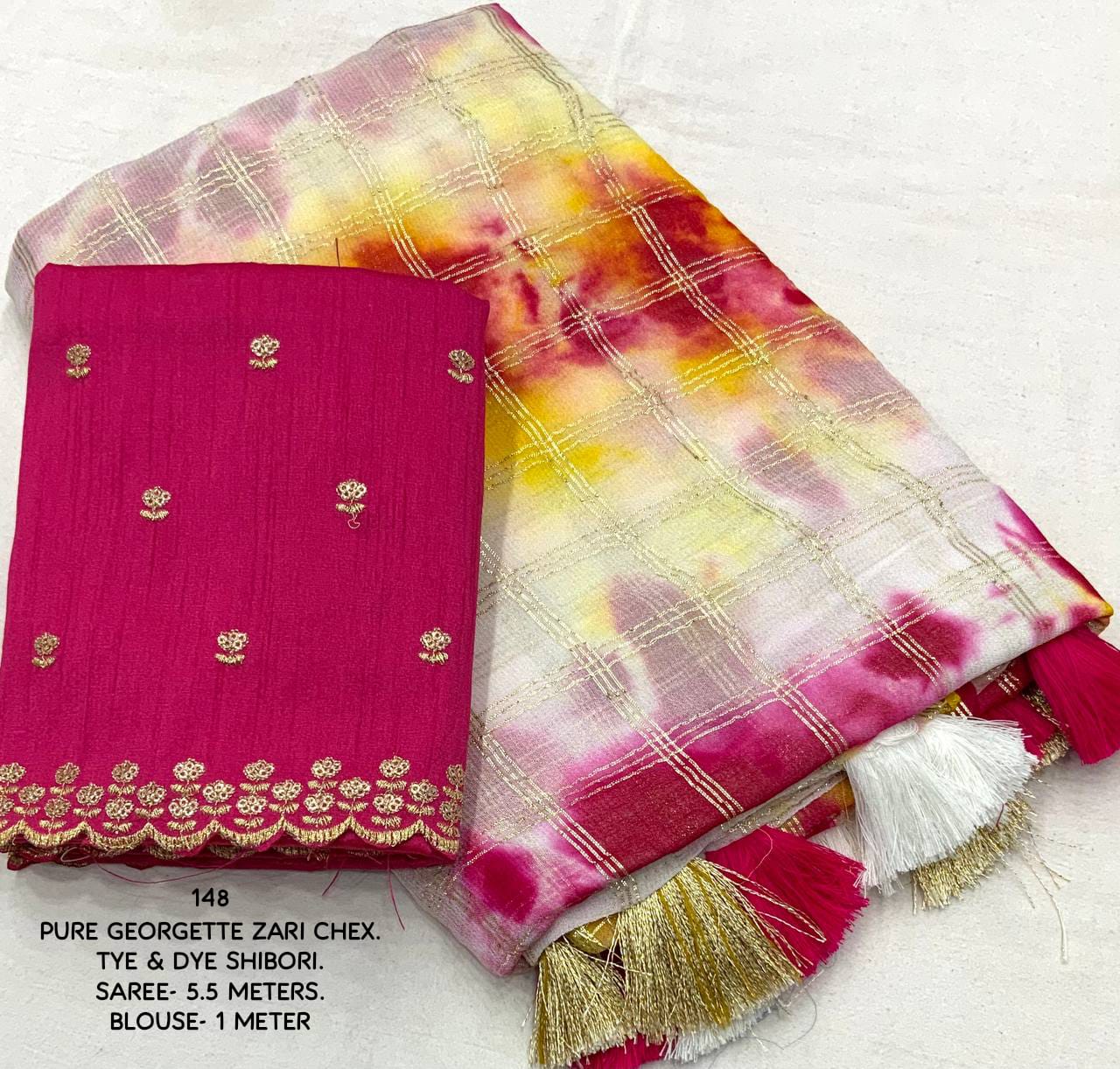 New Shibori Georgette Zari Chex Colorful Saree with Contrast Pink Phantom Silk Blouse