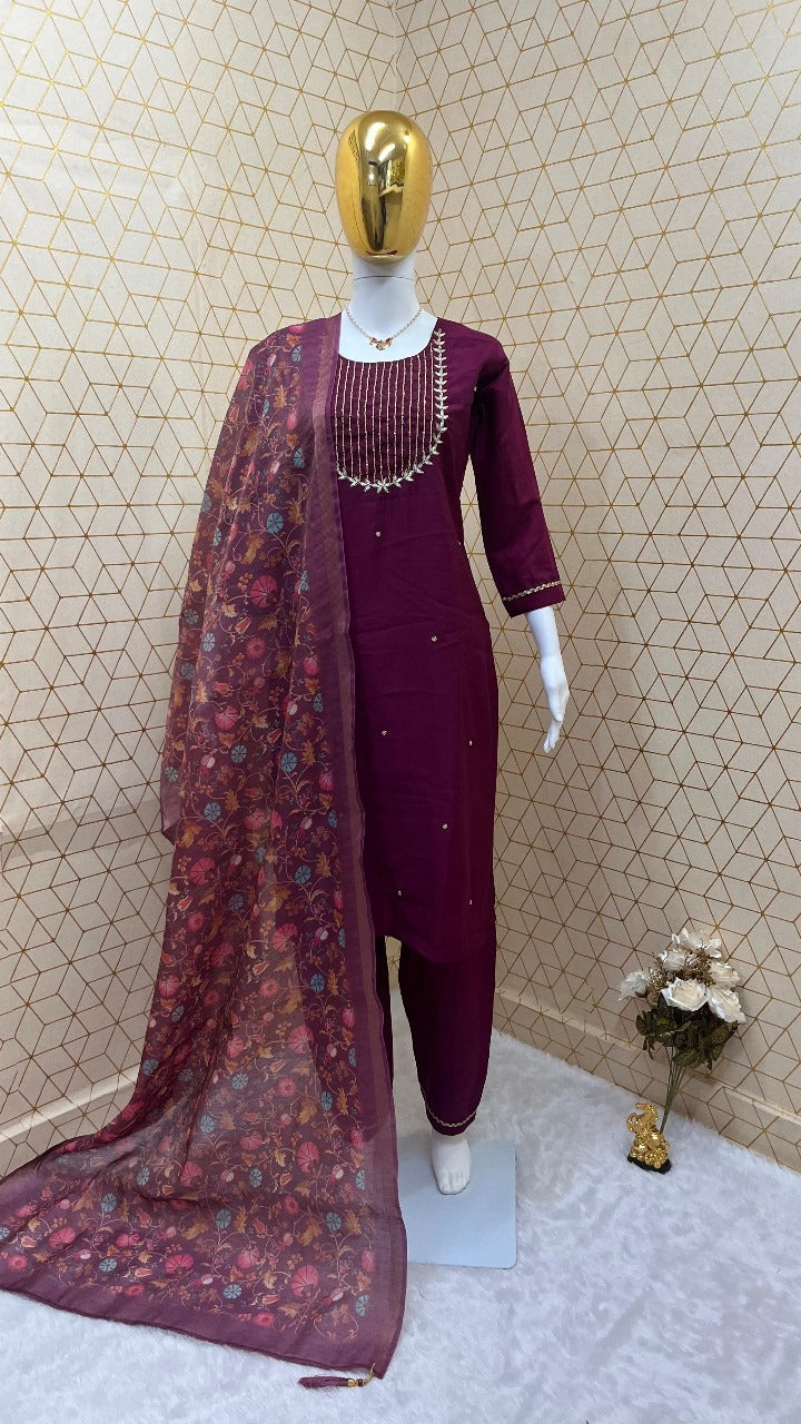 Handwork Silk Kurta Suit with Digital Printed Dupatta