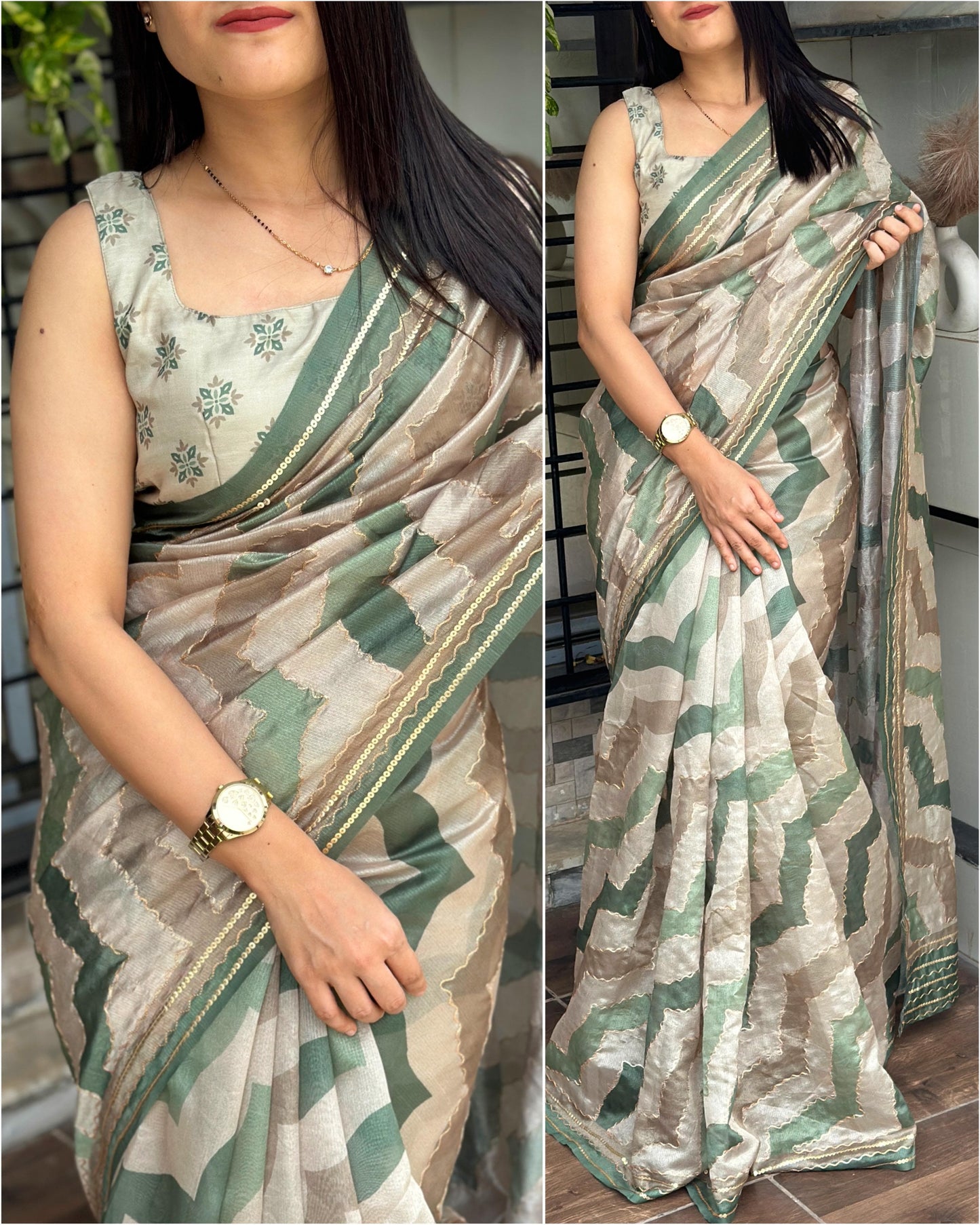 Elegant 3D Print and Sequin Work Korean Silk Saree with Blouse