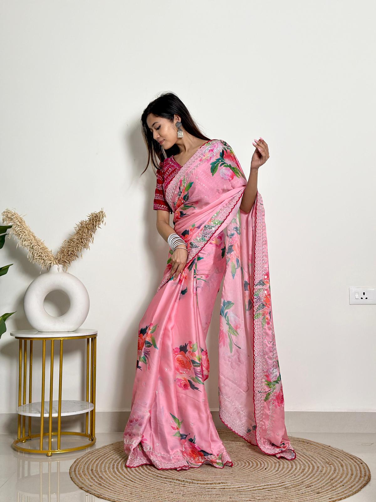 Floral Print & Heavy Embroidery Work Soft Georgette Satin Saree With Velvet Blouse