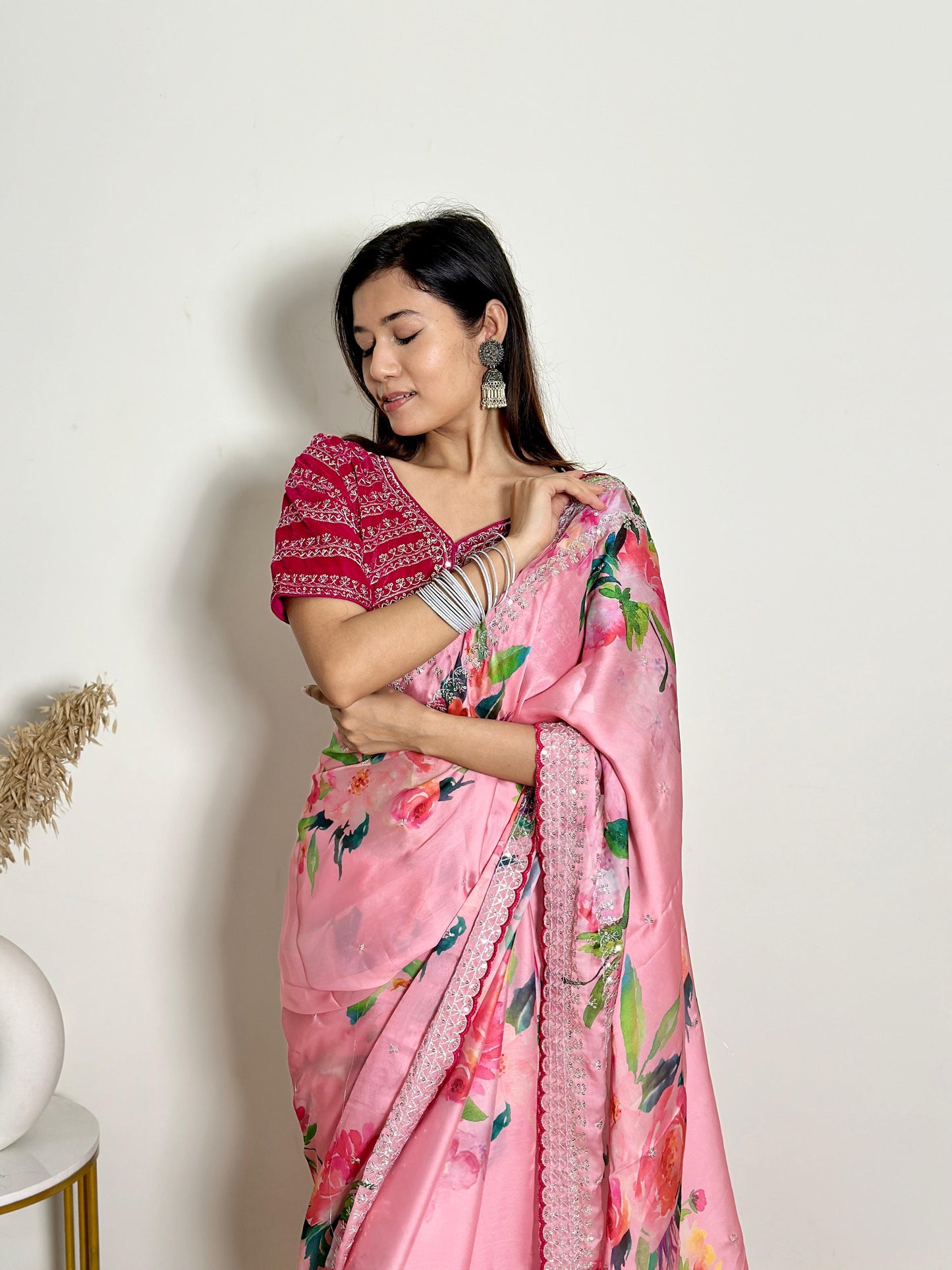 Floral Print & Heavy Embroidery Work Soft Georgette Satin Saree With Velvet Blouse