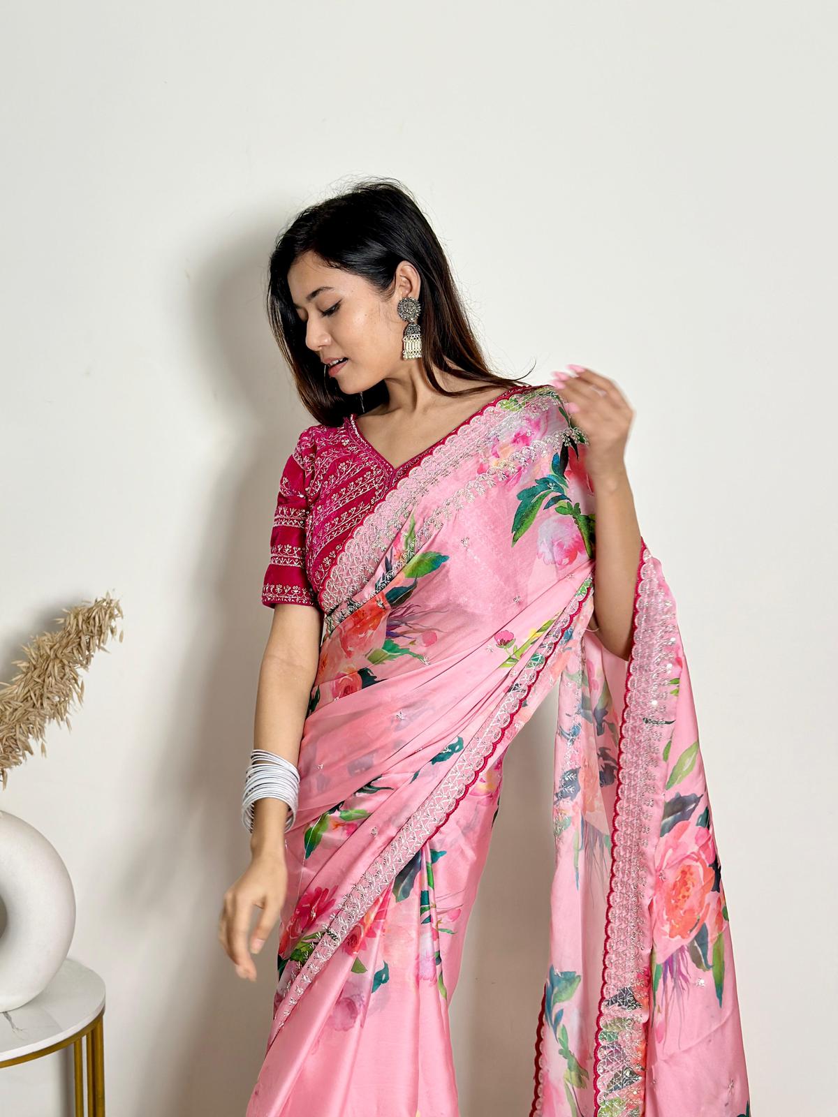 Floral Print & Heavy Embroidery Work Soft Georgette Satin Saree With Velvet Blouse