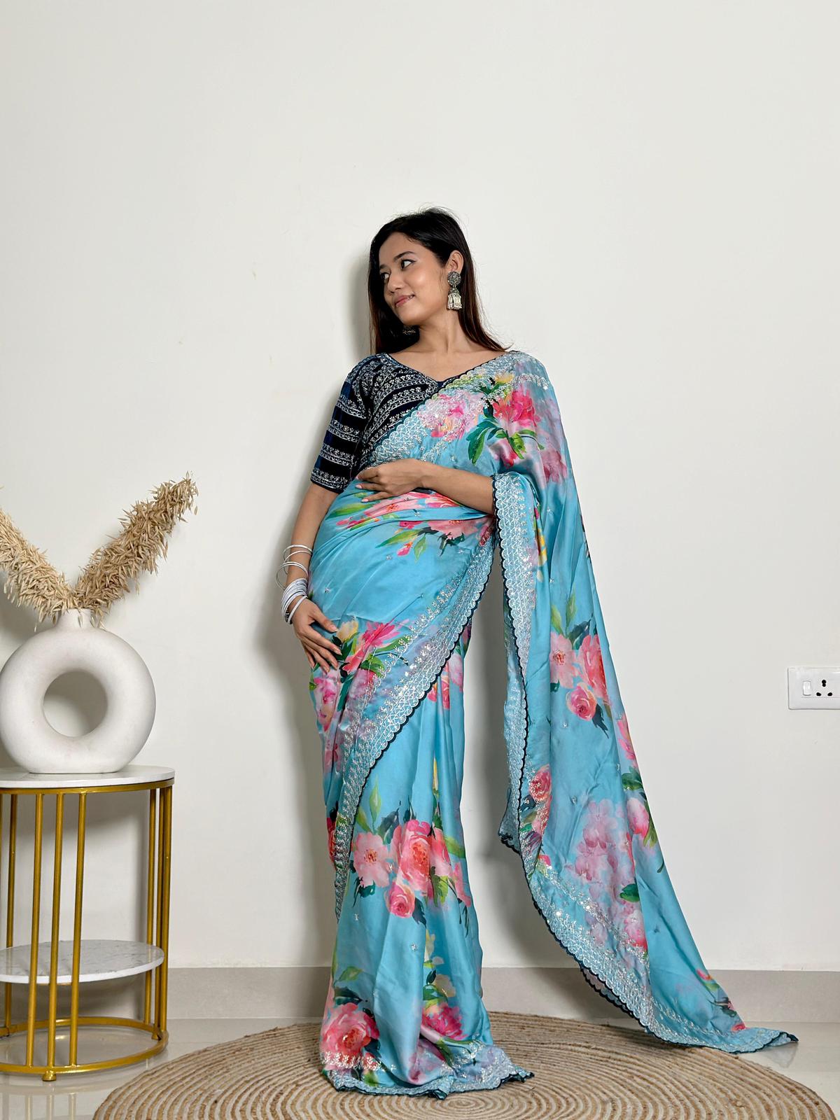 Floral Print & Heavy Embroidery Work Soft Georgette Satin Saree With Velvet Blouse