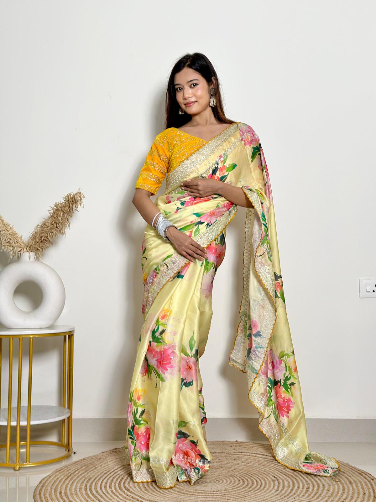 Floral Print & Heavy Embroidery Work Soft Georgette Satin Saree With Velvet Blouse