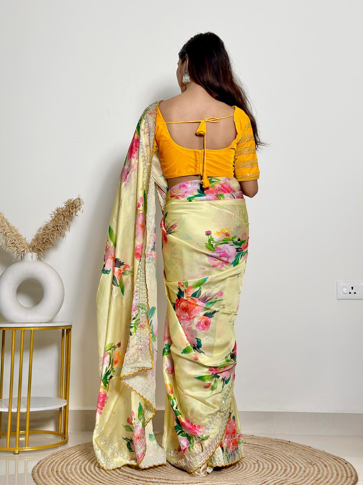 Floral Print & Heavy Embroidery Work Soft Georgette Satin Saree With Velvet Blouse