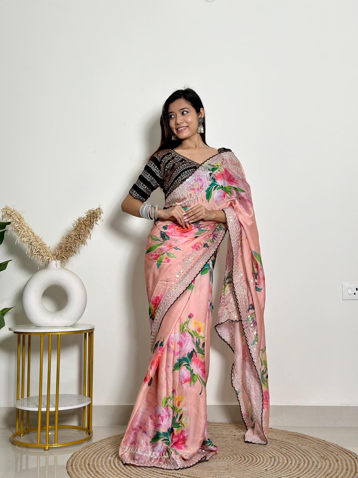 Floral Print & Heavy Embroidery Work Soft Georgette Satin Saree With Velvet Blouse