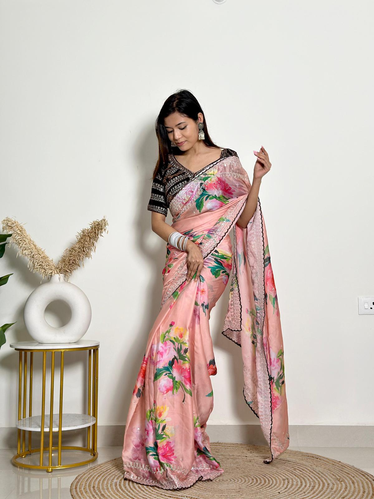 Floral Print & Heavy Embroidery Work Soft Georgette Satin Saree With Velvet Blouse