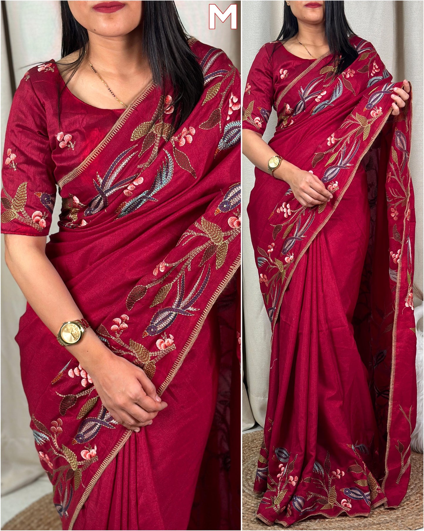 Elegant Thread Embroidery Work Pure Tusser Silk Saree with Blouse