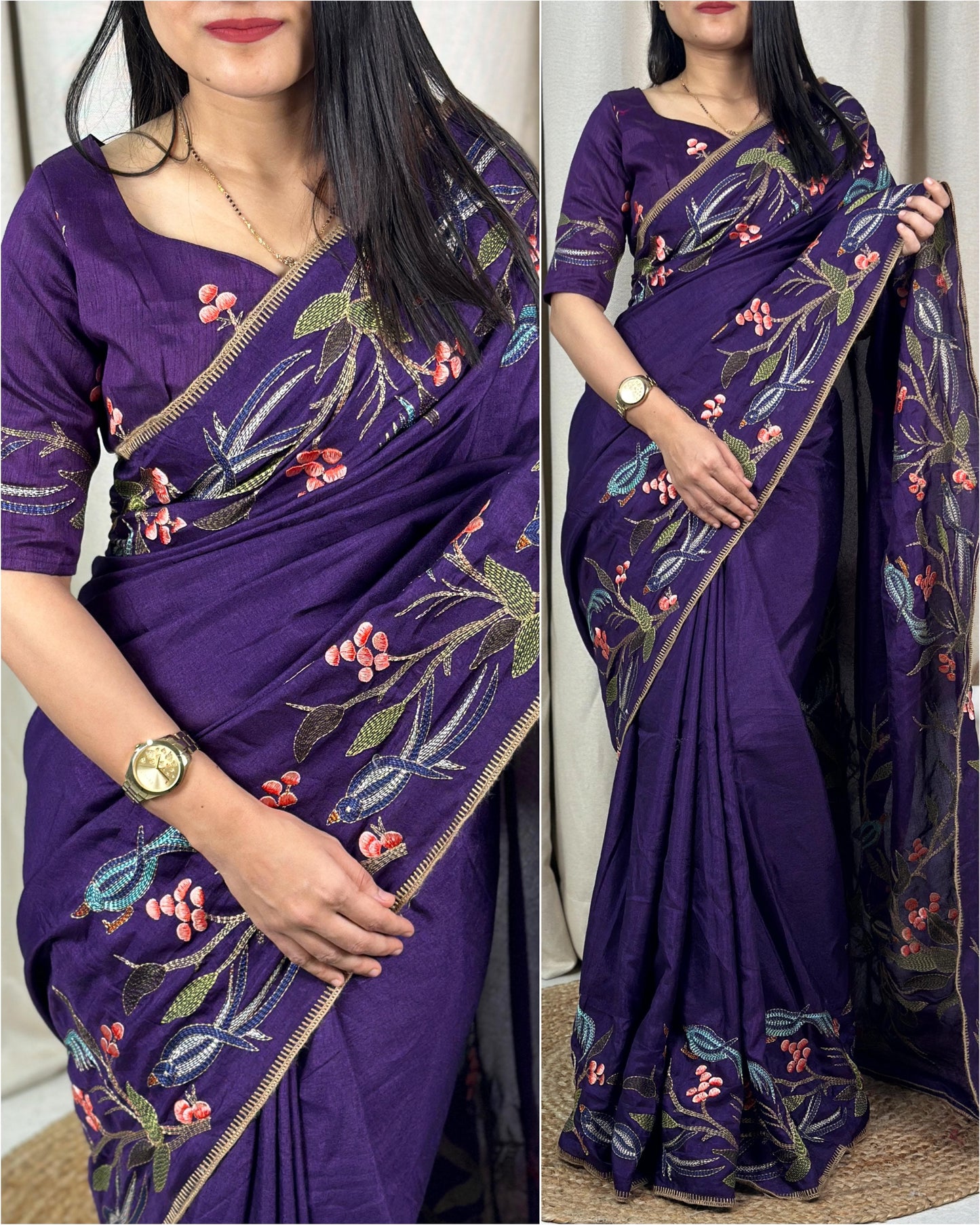 Elegant Thread Embroidery Work Pure Tusser Silk Saree with Blouse