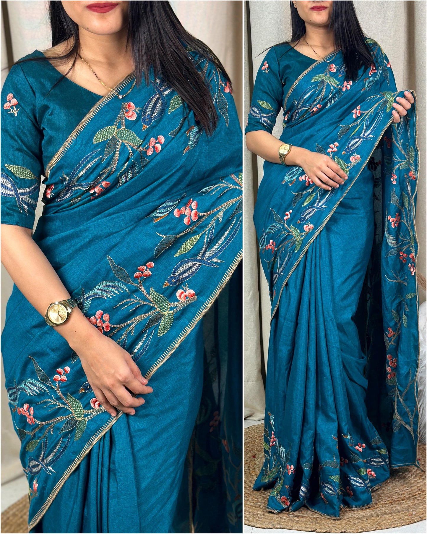 Elegant Thread Embroidery Work Pure Tusser Silk Saree with Blouse