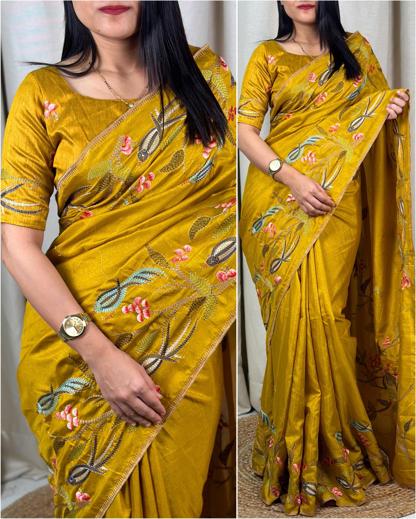 Elegant Thread Embroidery Work Pure Tusser Silk Saree with Blouse