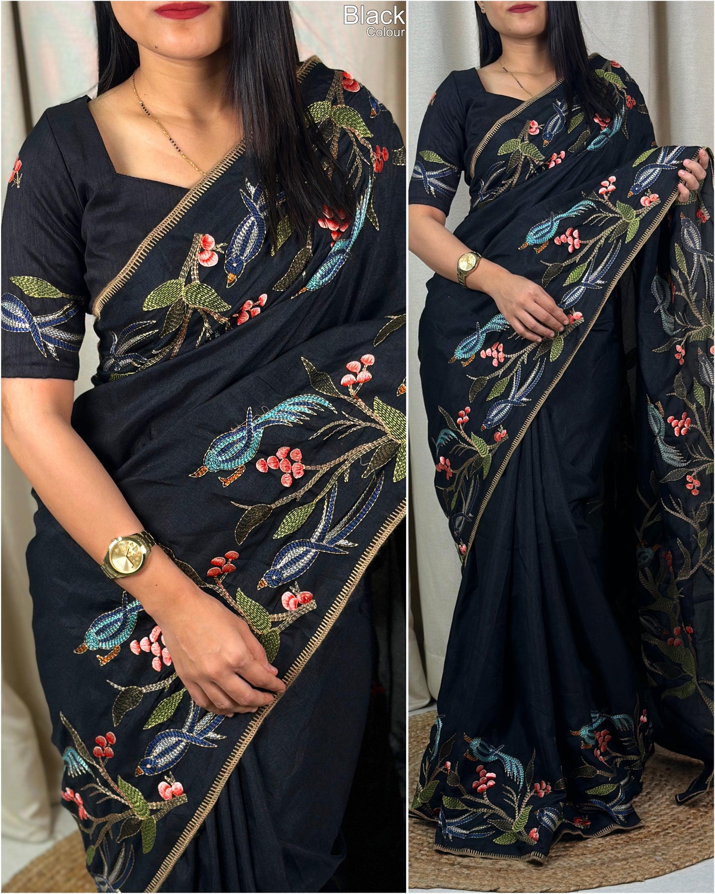 Elegant Thread Embroidery Work Pure Tusser Silk Saree with Blouse