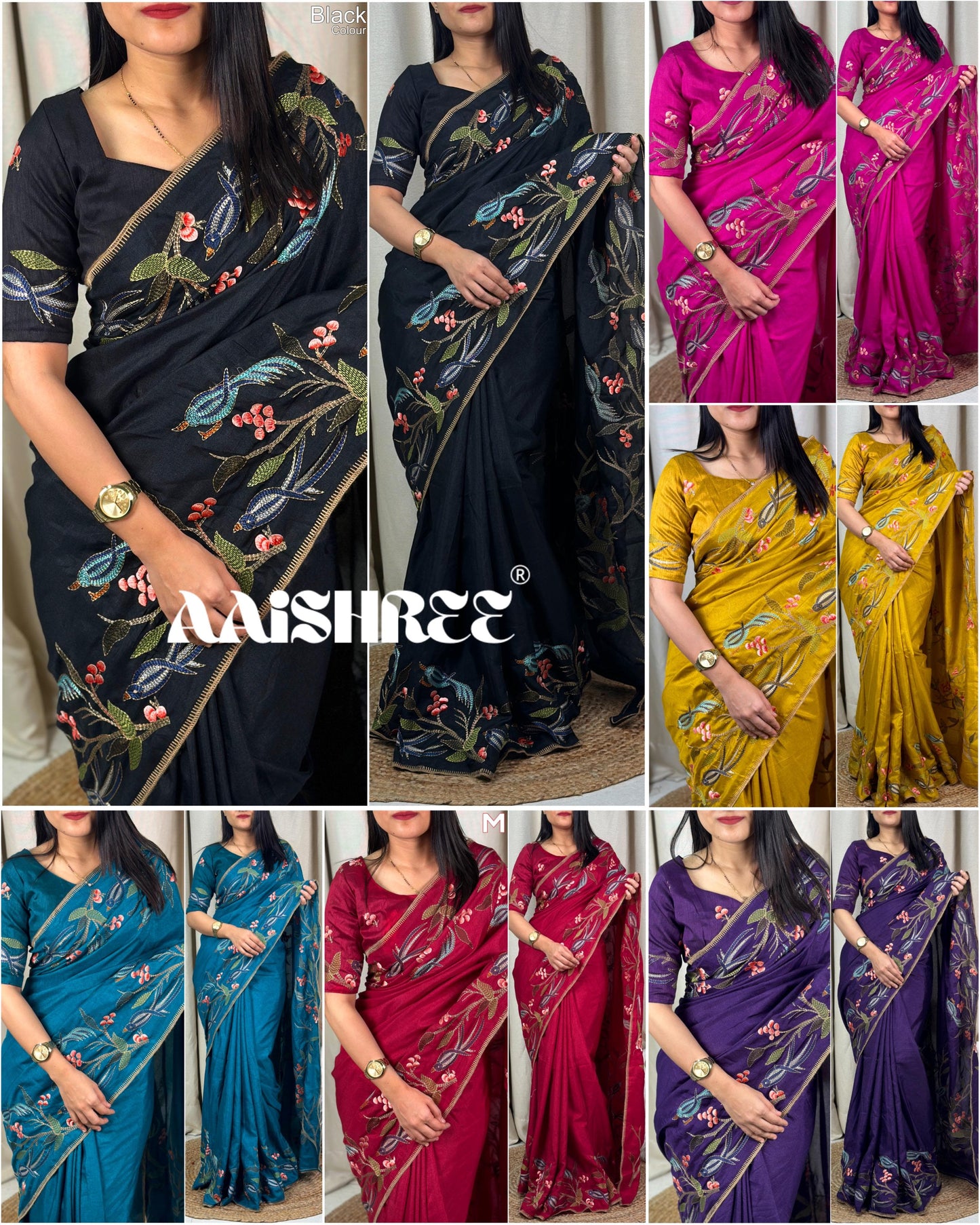 Elegant Thread Embroidery Work Pure Tusser Silk Saree with Blouse