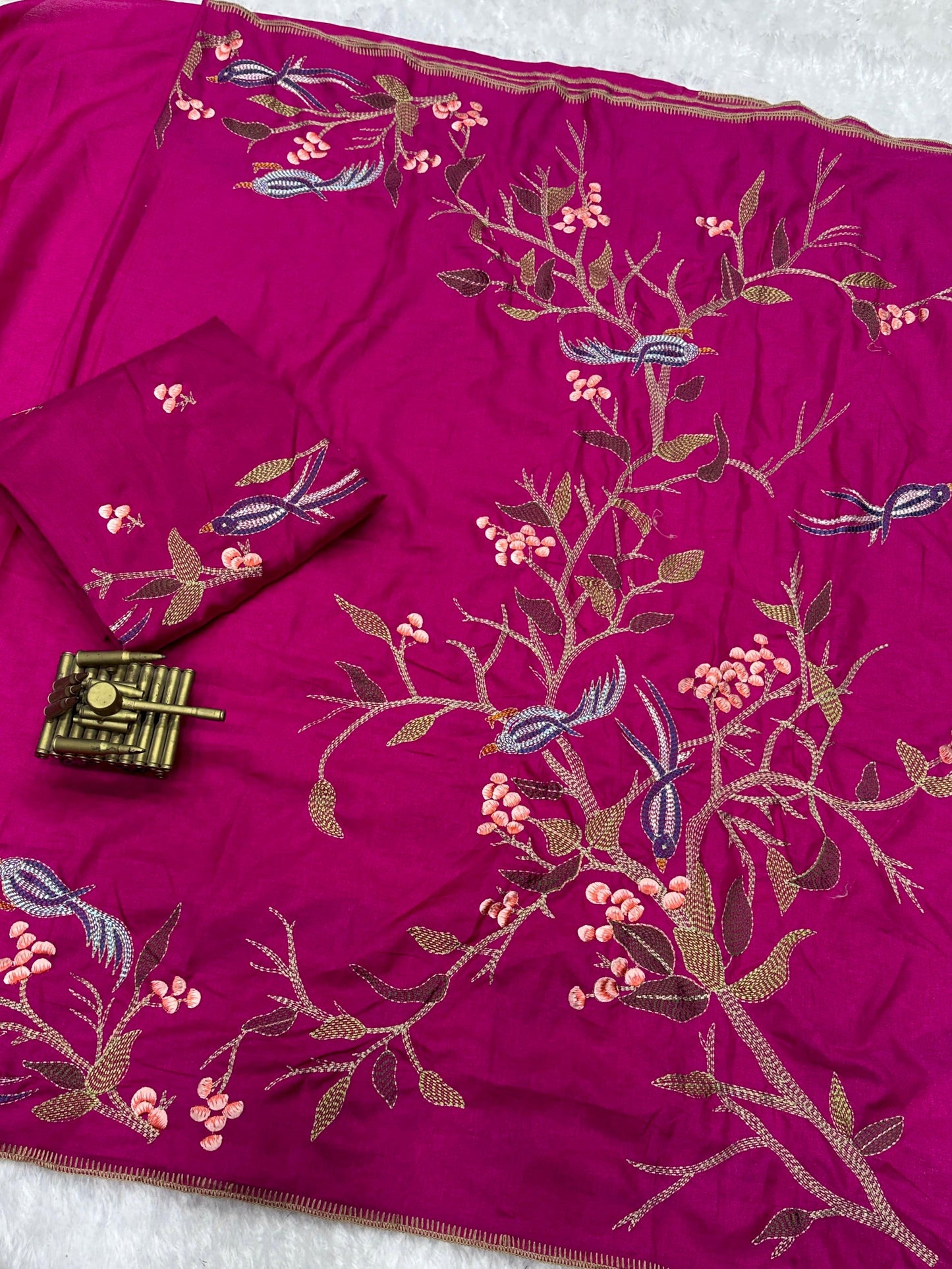 Elegant Thread Embroidery Work Pure Tusser Silk Saree with Blouse