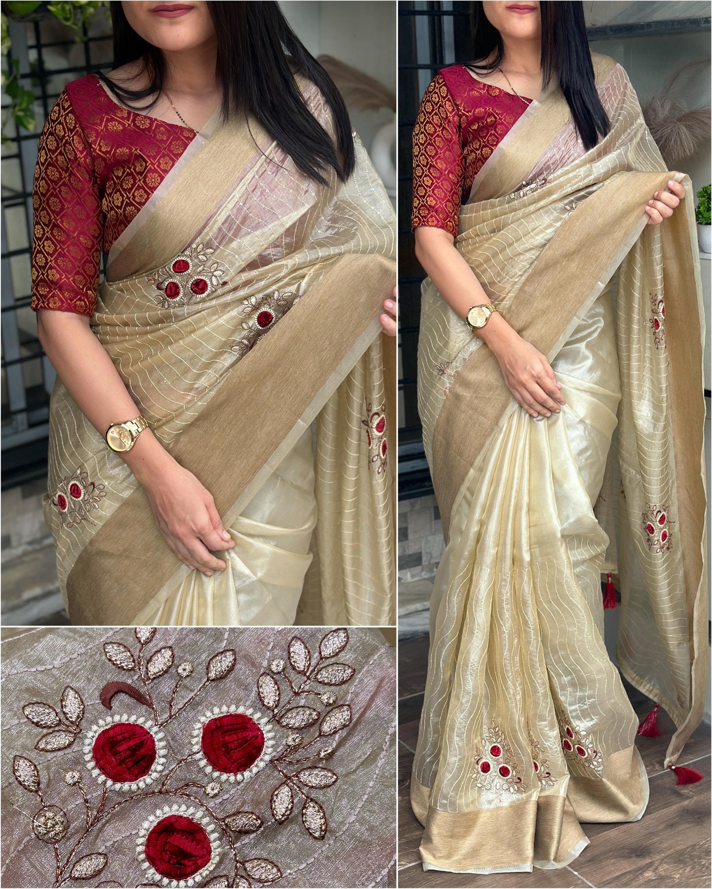 Elegant Contrast Blade Cut Thread Work With Xari Organza Silk Saree with Contrast Jacquard Blouse