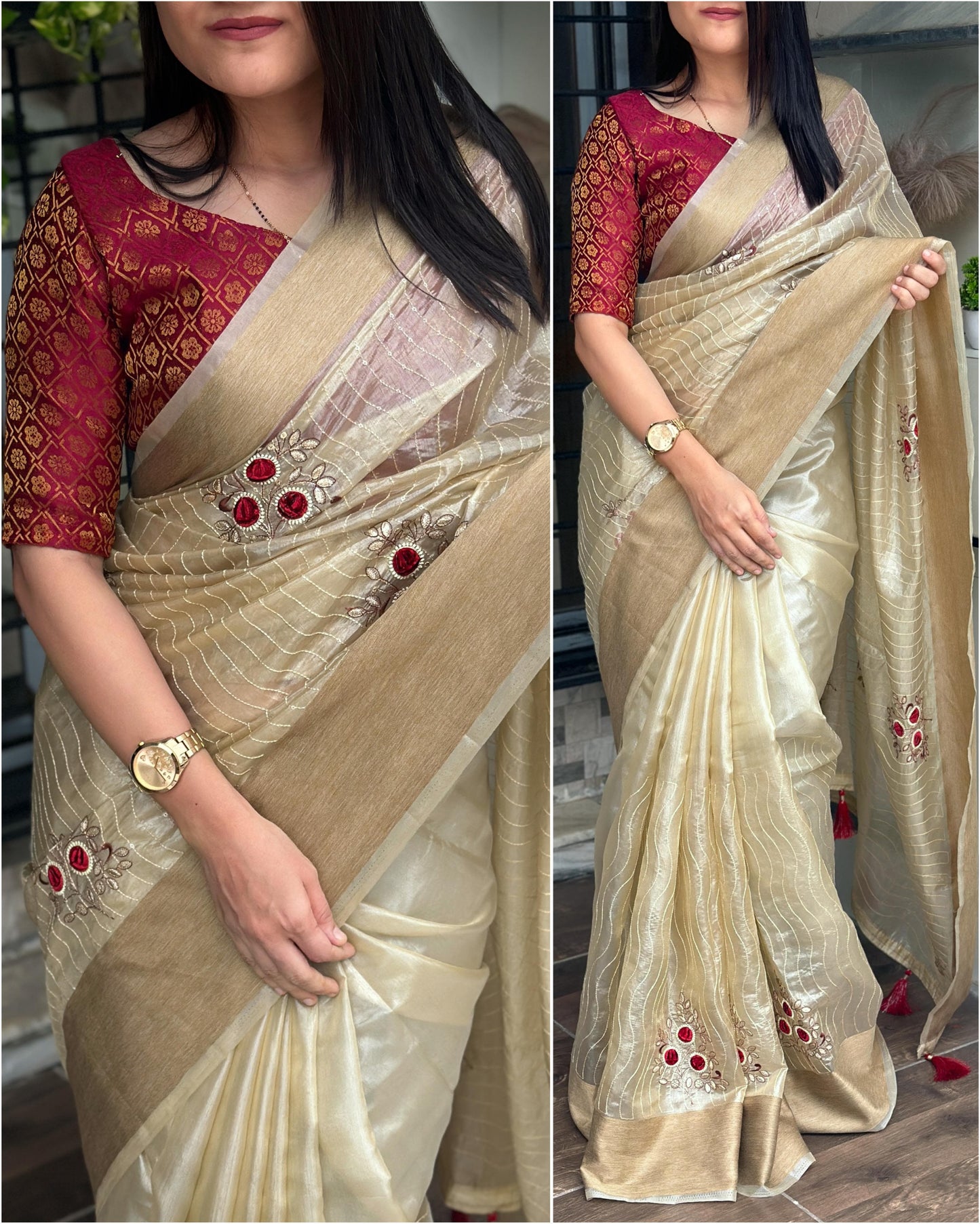 Elegant Contrast Blade Cut Thread Work With Xari Organza Silk Saree with Contrast Jacquard Blouse