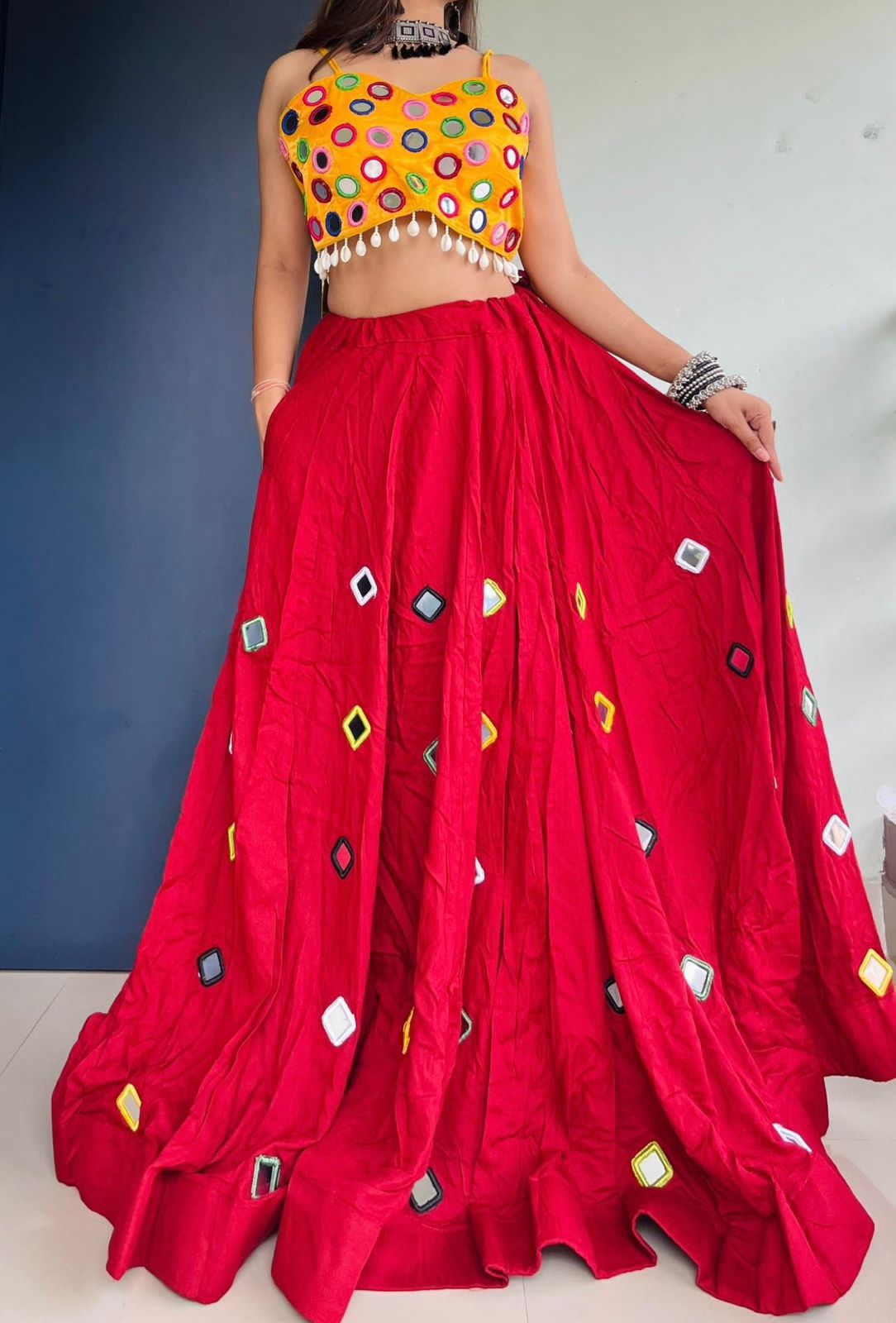 Elegant  Real Mirror & Thread Work Rayon Cotton Lehenga Choli Set