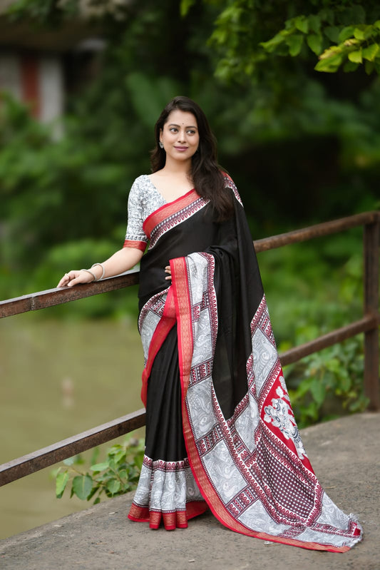 Madhubani Prints & Zari Woven Borders Soft Pashmina Cotton Saree with Blouse