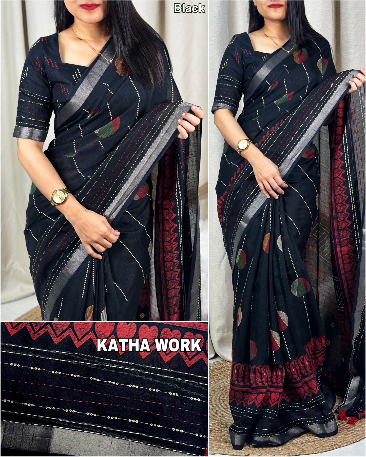 Women's Beautiful Katha Sequins Work Cotton Linen Printed Saree With Blouse