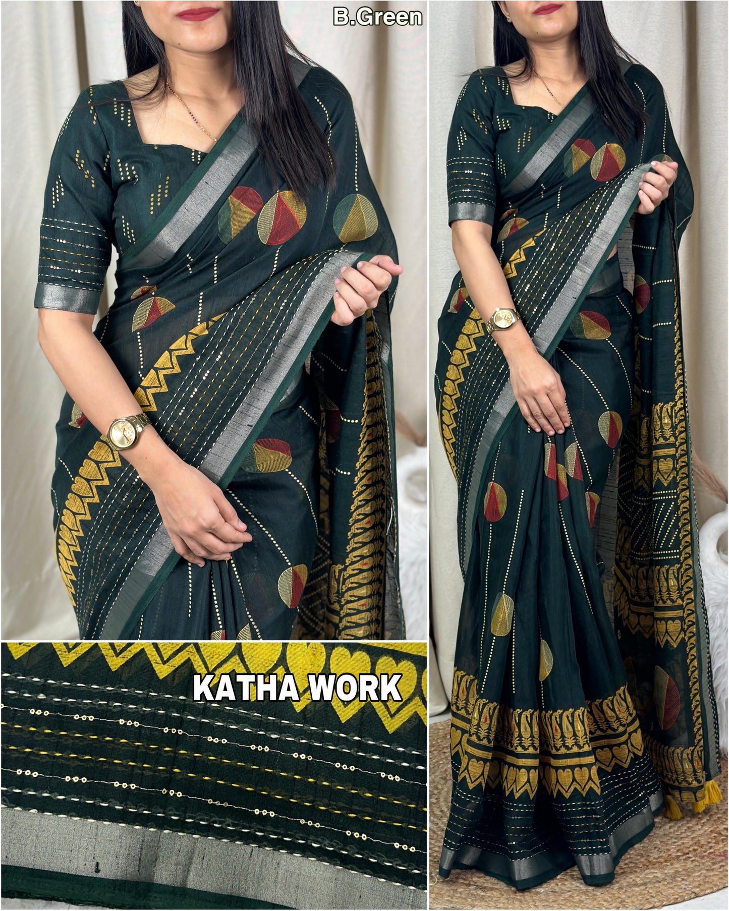 Women's Beautiful Katha Sequins Work Cotton Linen Printed Saree With Blouse