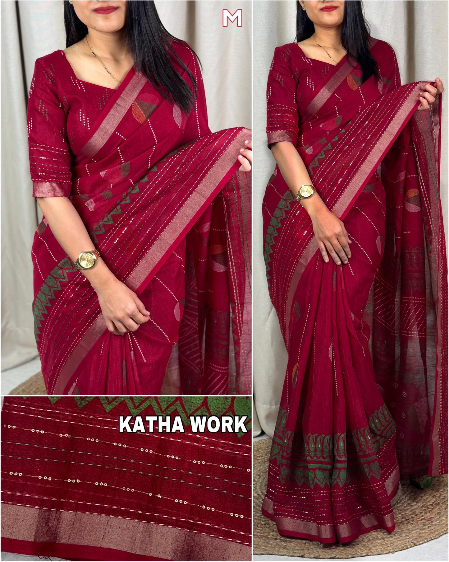 Women's Beautiful Katha Sequins Work Cotton Linen Printed Saree With Blouse