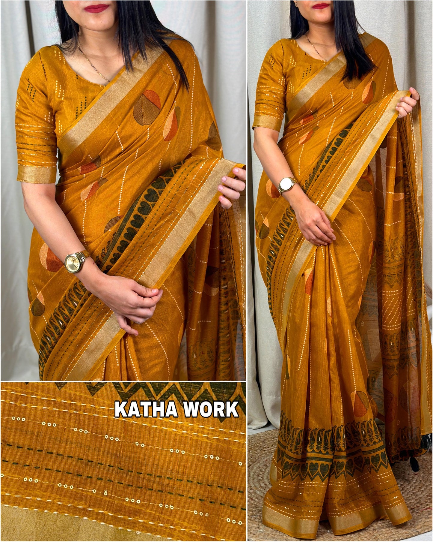 Women's Beautiful Katha Sequins Work Cotton Linen Printed Saree With Blouse