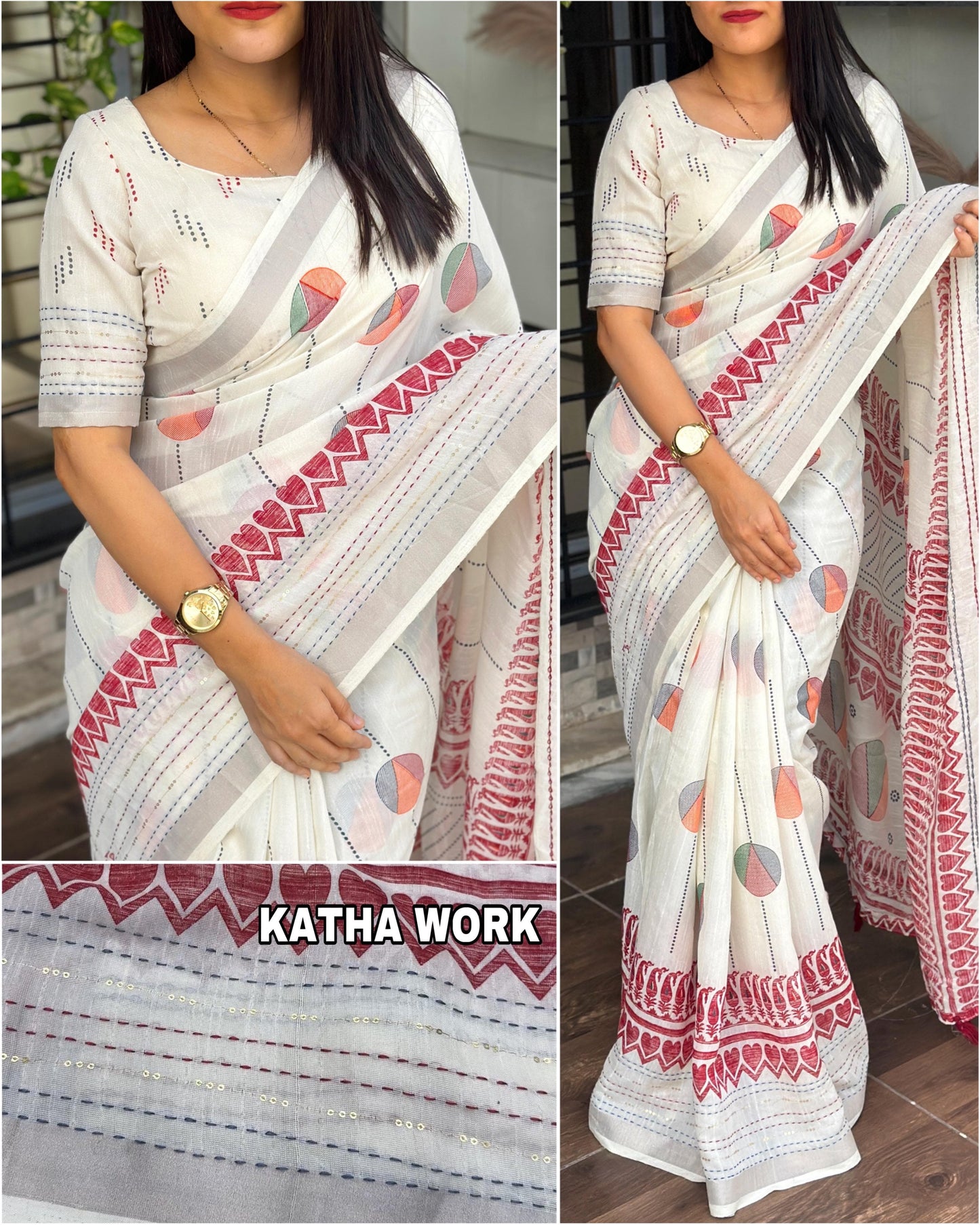 Women's Beautiful Katha Sequins Work Cotton Linen Printed Saree With Blouse