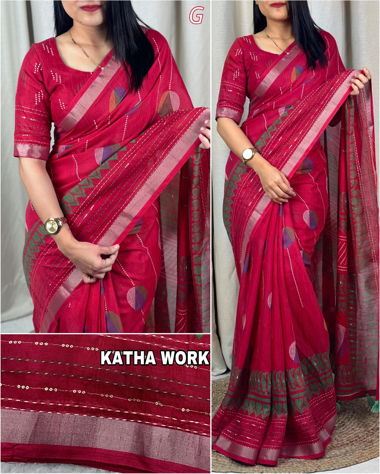 Women's Beautiful Katha Sequins Work Cotton Linen Printed Saree With Blouse