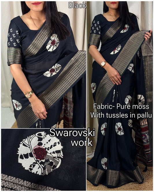 Women's Beautiful Siroski Diamond Work Batik Printed Pure Moss Saree With Blouse