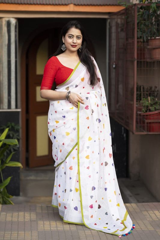 White Soft Linen Saree with Multi-Color Heart Prints & Red Contrast Blouse