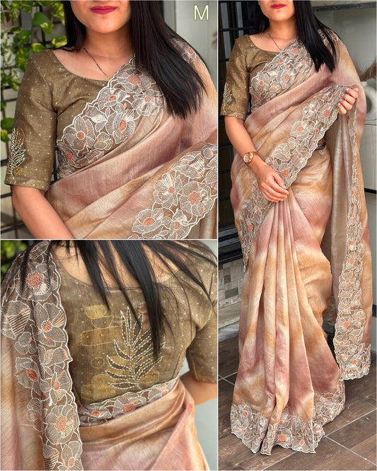 Matt Sequins Embroidery Border Work Cotton Silk Digital Printed Saree With Hand Knot Blouse