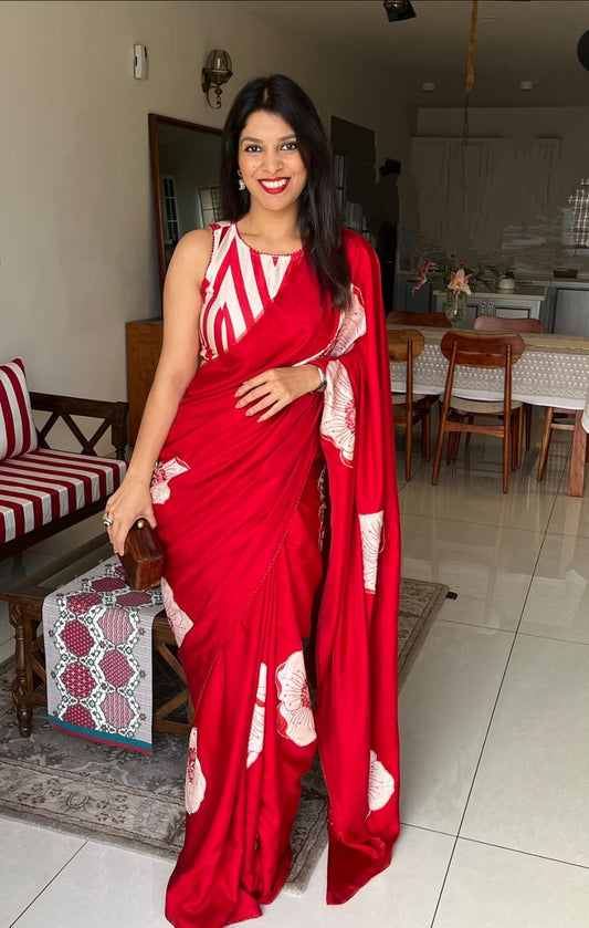 Elegant Red Digital Print Saree in Original Japan Satin (Devsena Satin) with Matching Blouse