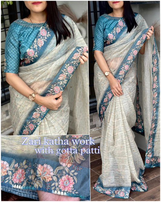 Women's Hand Kantha Gotta Patti Mirror Work Digital Printed Rangeen Silk Saree With Blouse