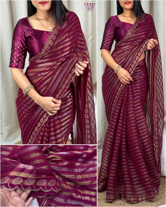 Exquisite Siroski Work Chiffon Saree with Satin Blouse and Swarovski Embellishments