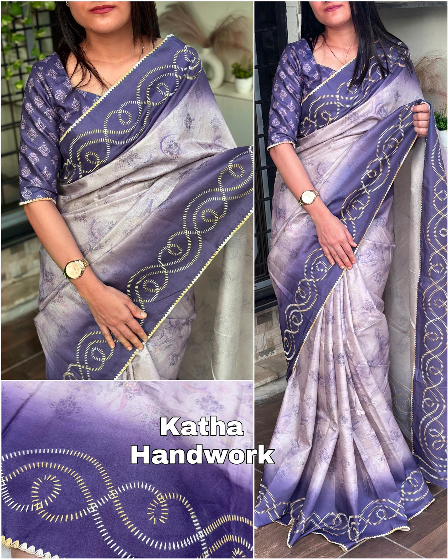 Designer Tussar Cotton Saree with Hand Kantha Work & Digital Print Blouse