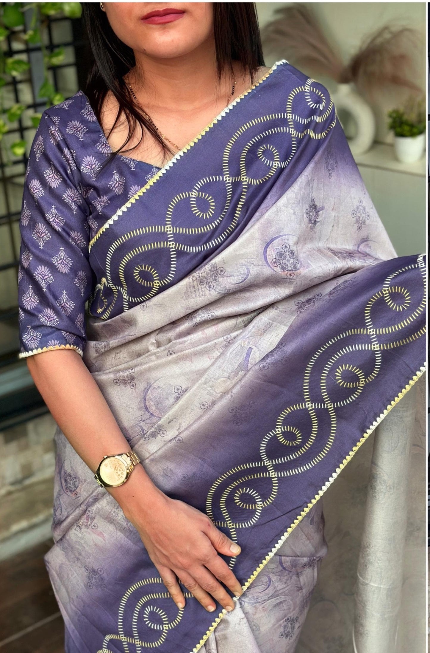 Designer Tussar Cotton Saree with Hand Kantha Work & Digital Print Blouse